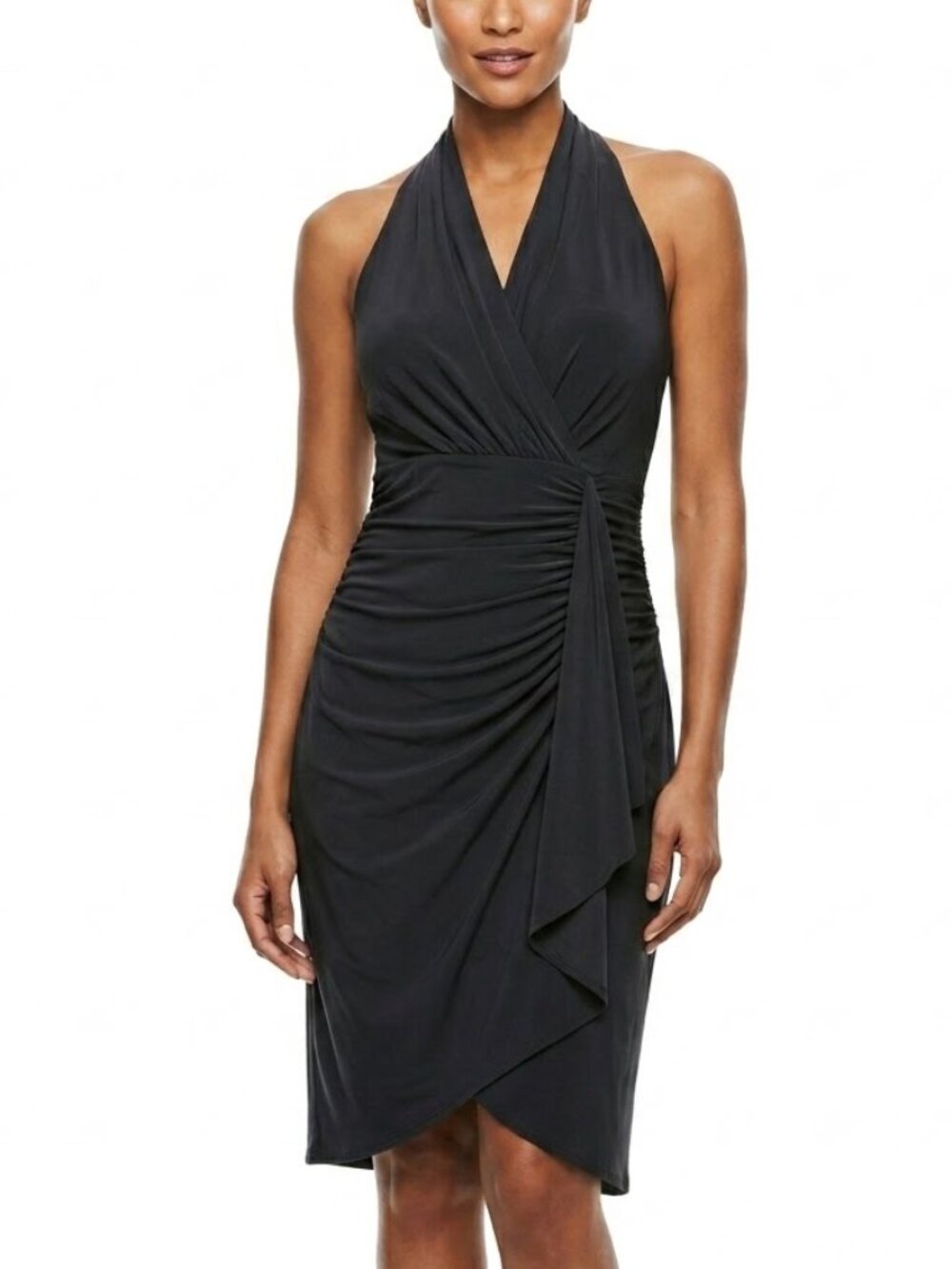Evan-Picone Dark Minimalist Ruched Halter Faux Wrap Dress Black 12